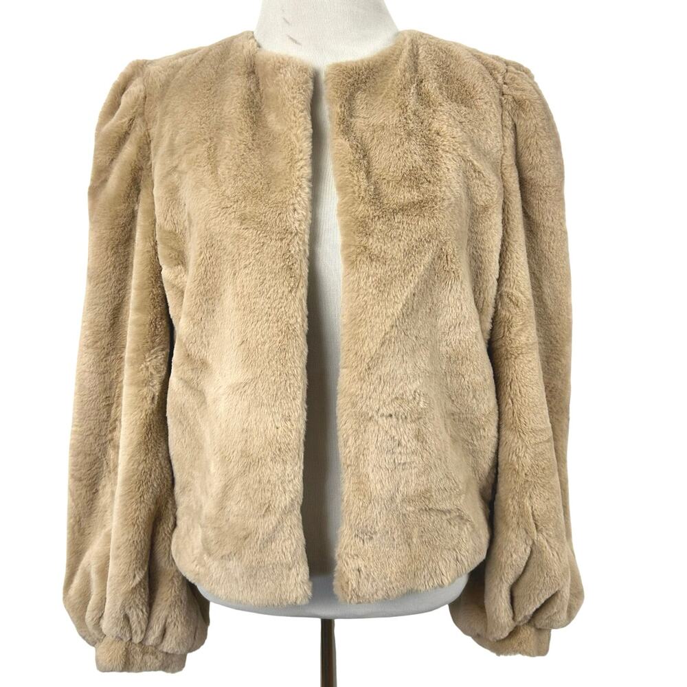 Chelsea & Violet Faux Fur Jacket Womens S Beige Tan Puff Sleeve Cropped Coat